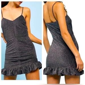 Topshop Charcoal Silver Glitter Metallic Ruched Front Ruffled Mini Party Dress M